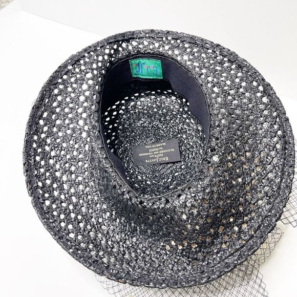 Vintage Eric Javits Black Straw Wide Brim Derby Hat Netting Flower Made in USA - Picture 4 of 5